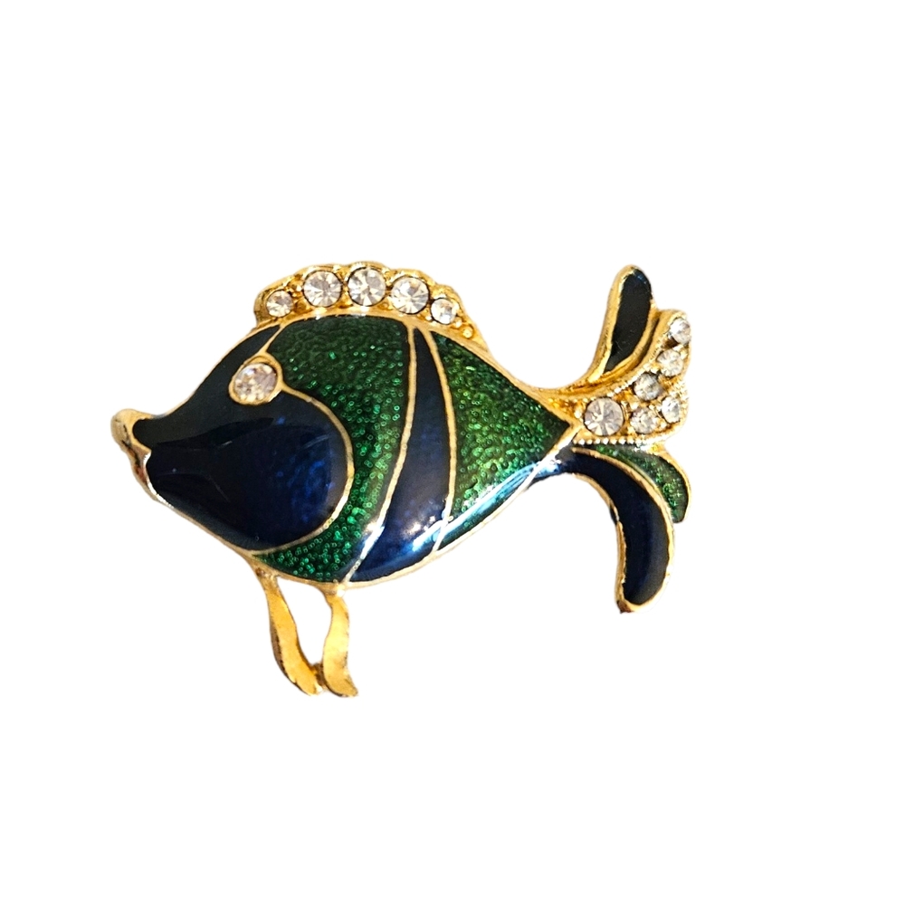 Fish Brooch Pin Enamel Goldtone Rhinestones Blue Green